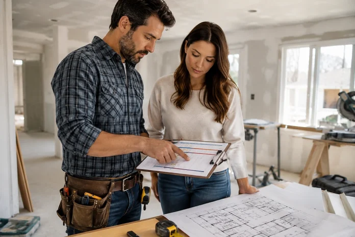 Homeowner and contractor reviewing a home renovation timeline in an unfinished room.
