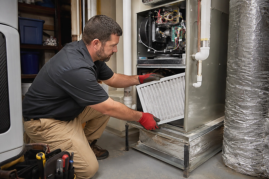 HVAC technician replacing a residential furnace filter during annual home maintenance