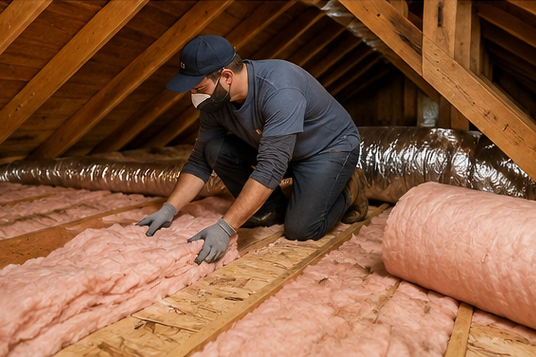 Technician installing attic insulation as part of an energy efficiency upgrade