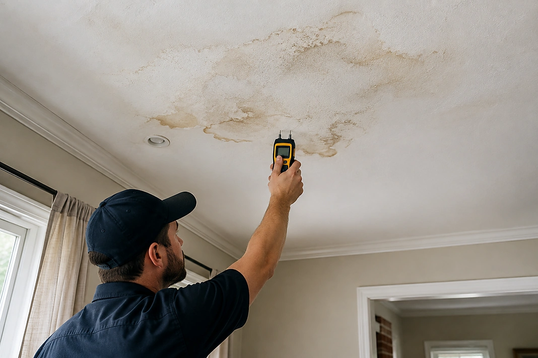 Inspector measuring moisture in a ceiling stain caused by a delayed roof leak