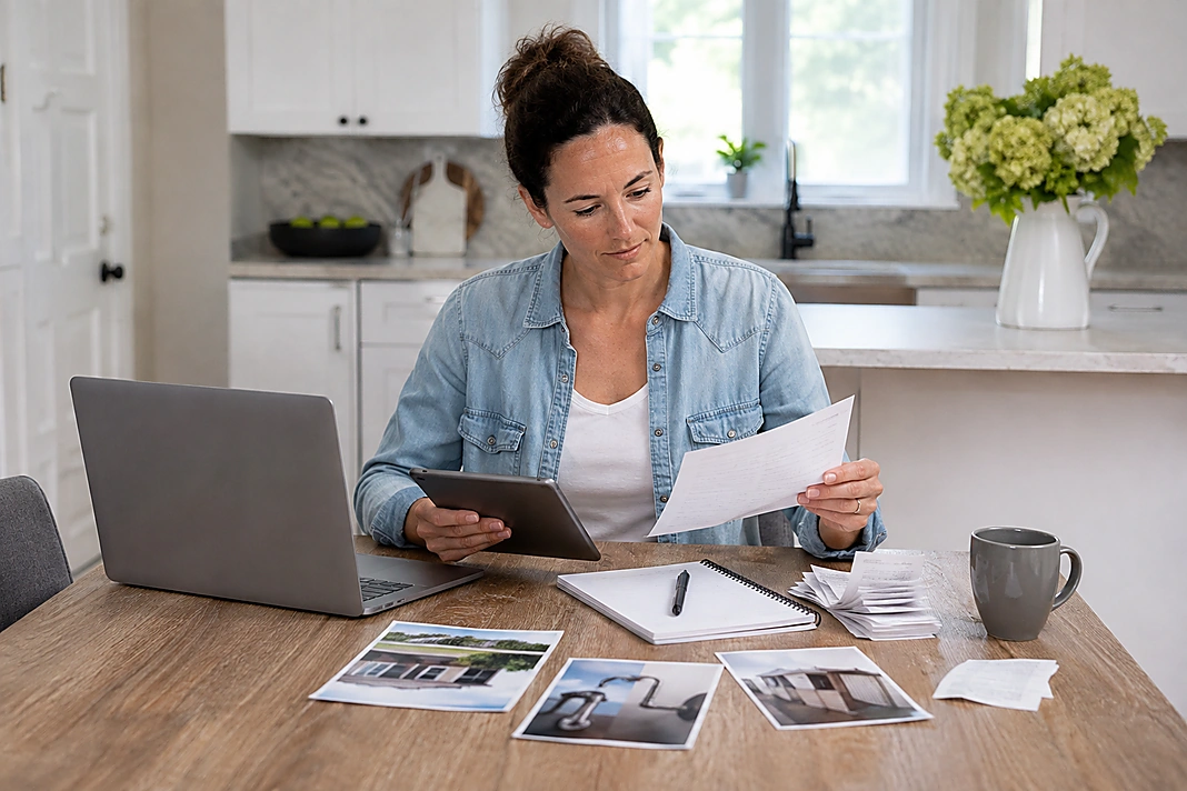 Homeowner reviewing maintenance receipts, repair photos, and service records at a kitchen table