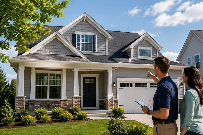 Homeowner and property professional reviewing how to increase home value outside a well-maintained house.