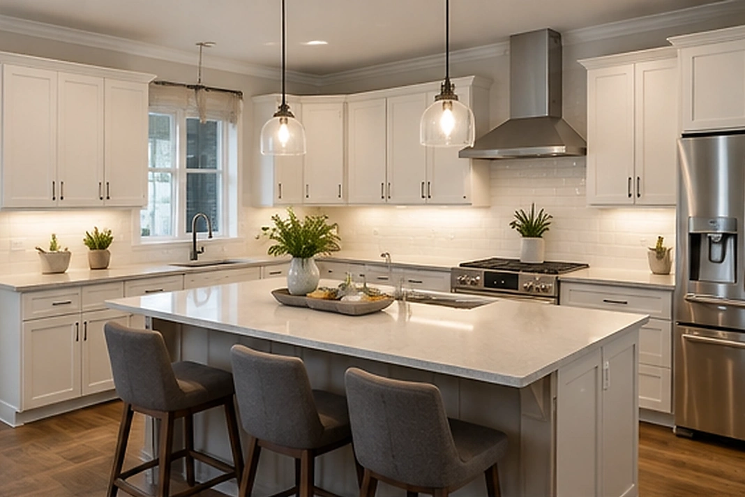 Bright functional kitchen with clean finishes, storage, lighting, and updated appliances
