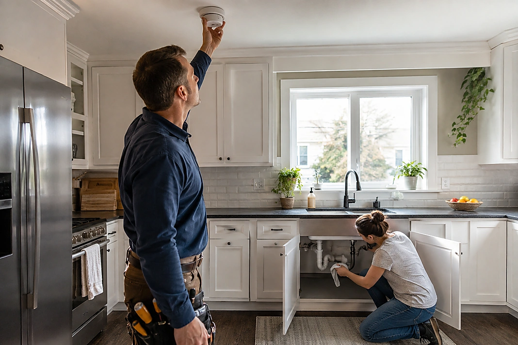 Property-care professional testing a smoke alarm while a homeowner checks plumbing under a kitchen sink