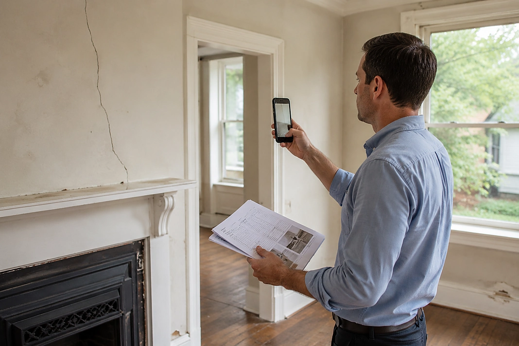 Property inspector photographing wall cracks and documenting repair estimates in a vacant living room