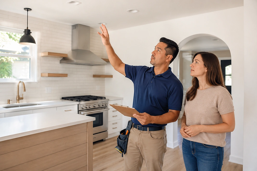 Contractor and homeowner completing a final inspection in a renovated kitchen