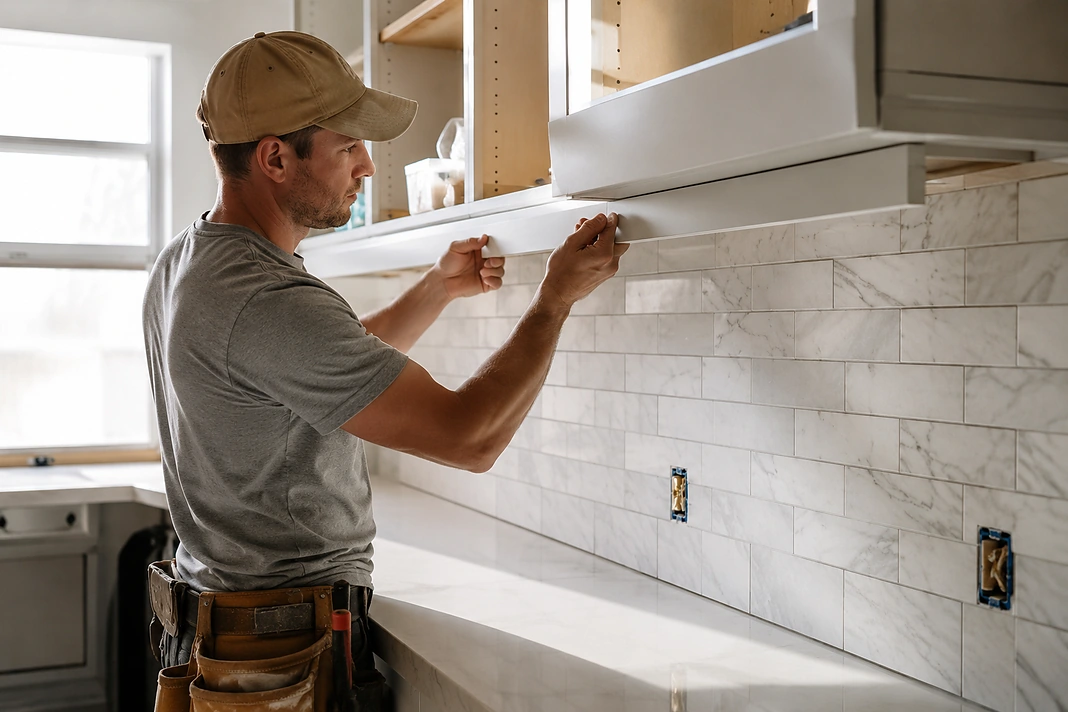 Contractor installing kitchen cabinetry and trim during the renovation finishing stage