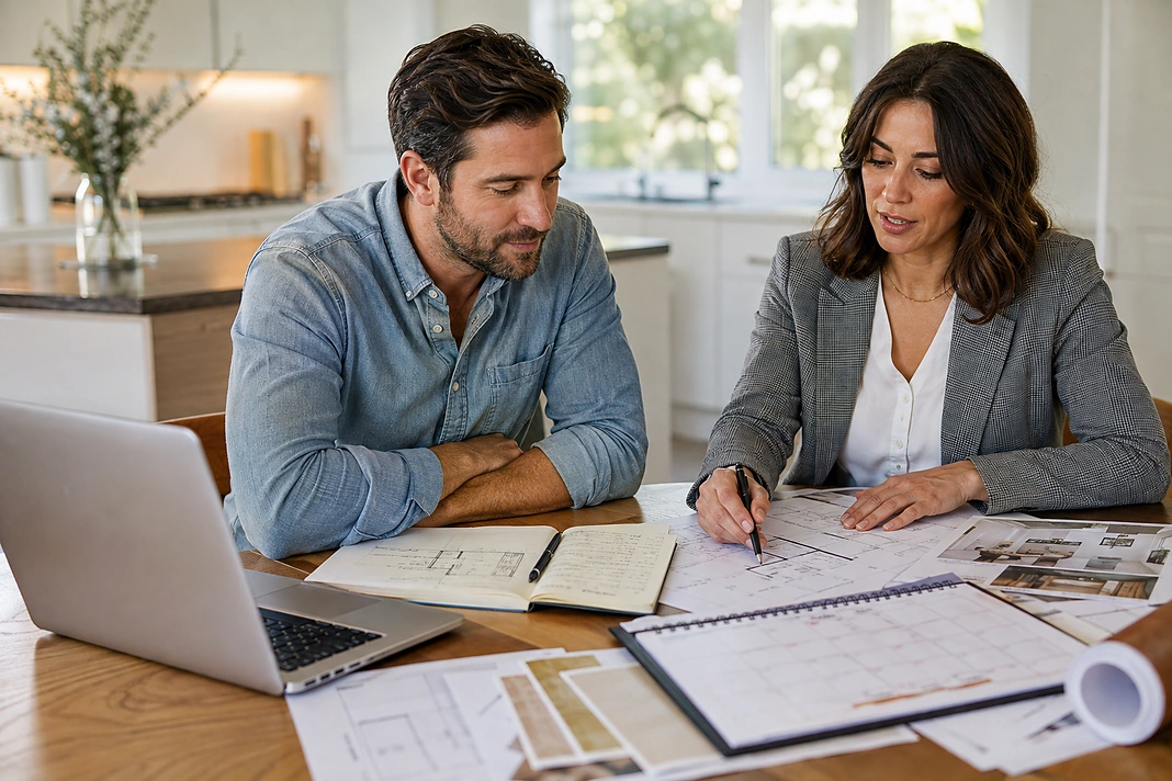 Renovation planner and homeowner reviewing floor plans, calendar, and preconstruction dates