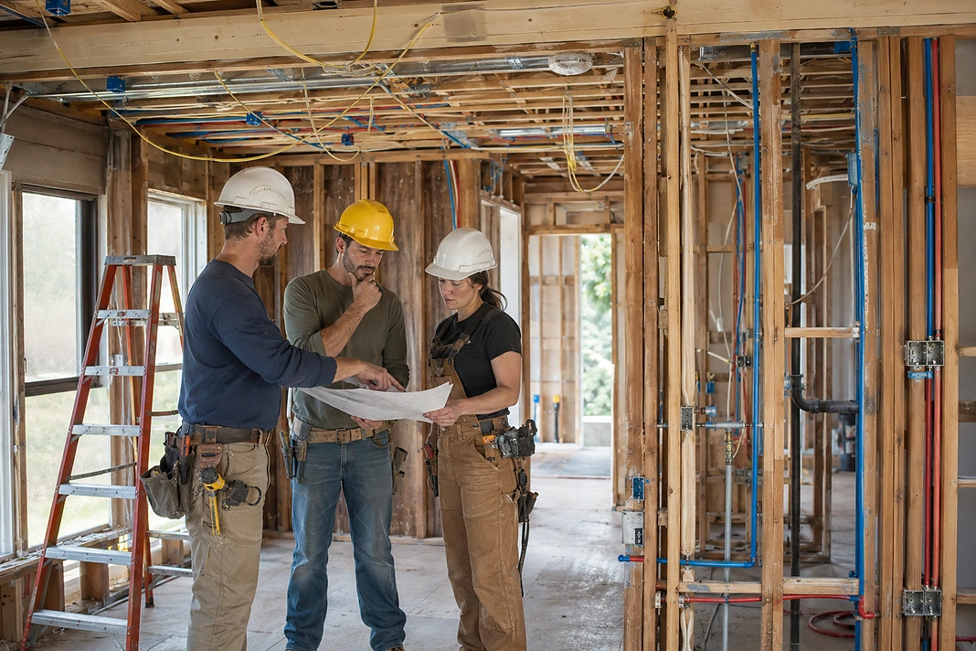 Construction team coordinating rough electrical and plumbing during a home renovation timeline
