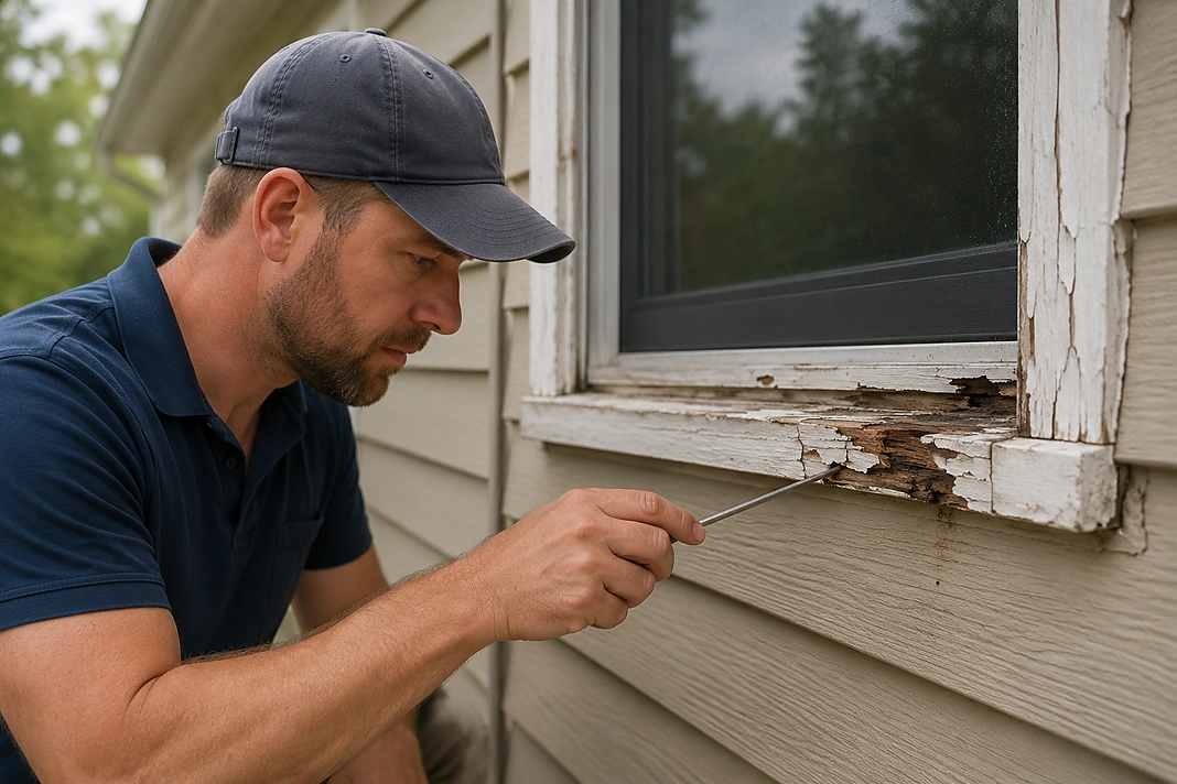 Contractor probing rotten window trim during a deferred maintenance and property value assessment