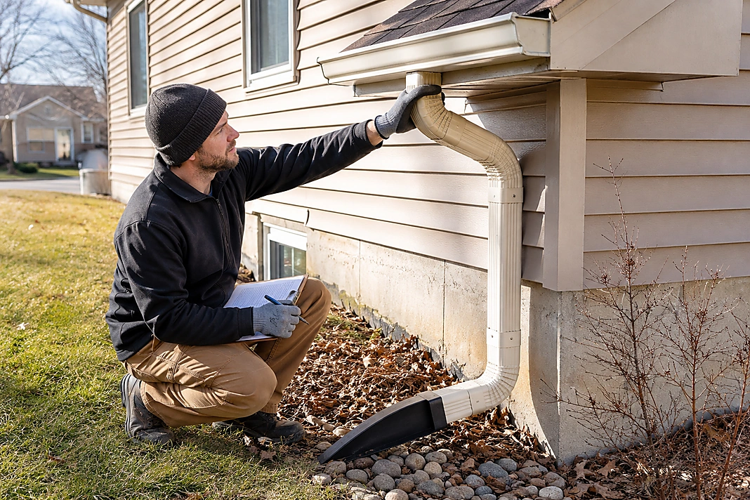Property-care professional inspecting a gutter, downspout, siding, and foundation drainage during seasonal maintenance