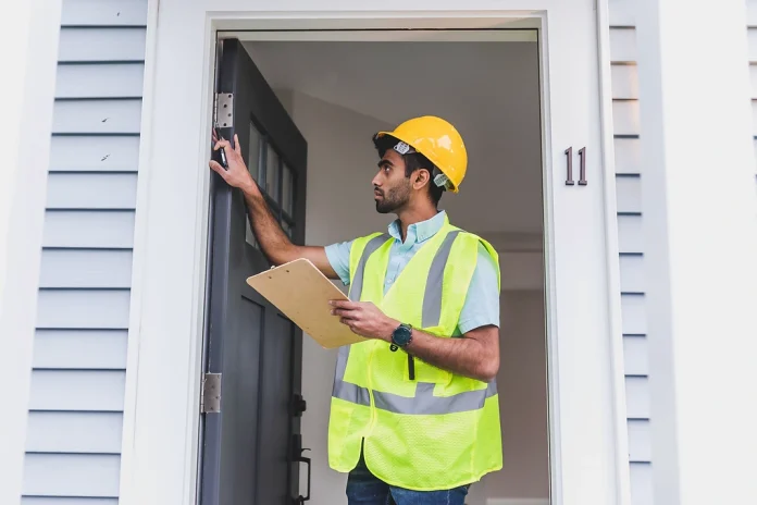 Property inspector checking a rental home entrance while documenting a repair concern.