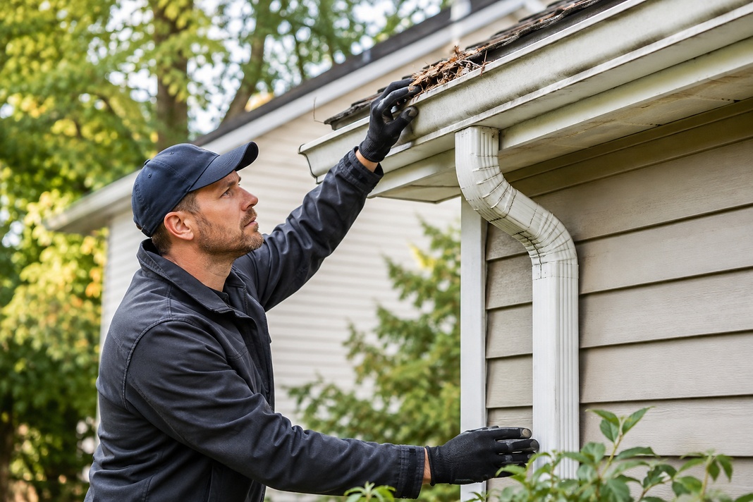 Home maintenance professional checking gutter and downspout drainage beside a residential property