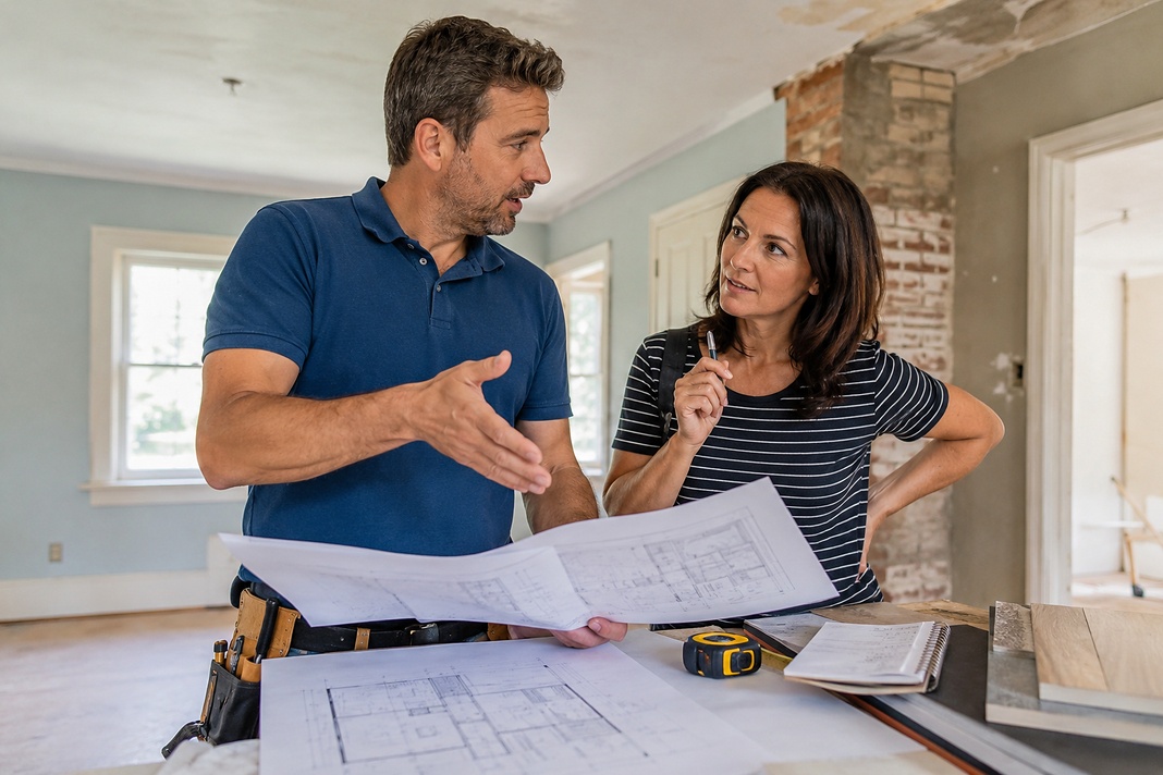 Homeowner and contractor reviewing room condition before planning a renovation project