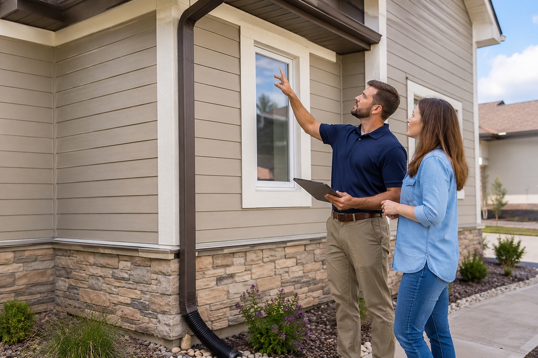 Property owner and maintenance professional reviewing exterior home condition before planning repairs