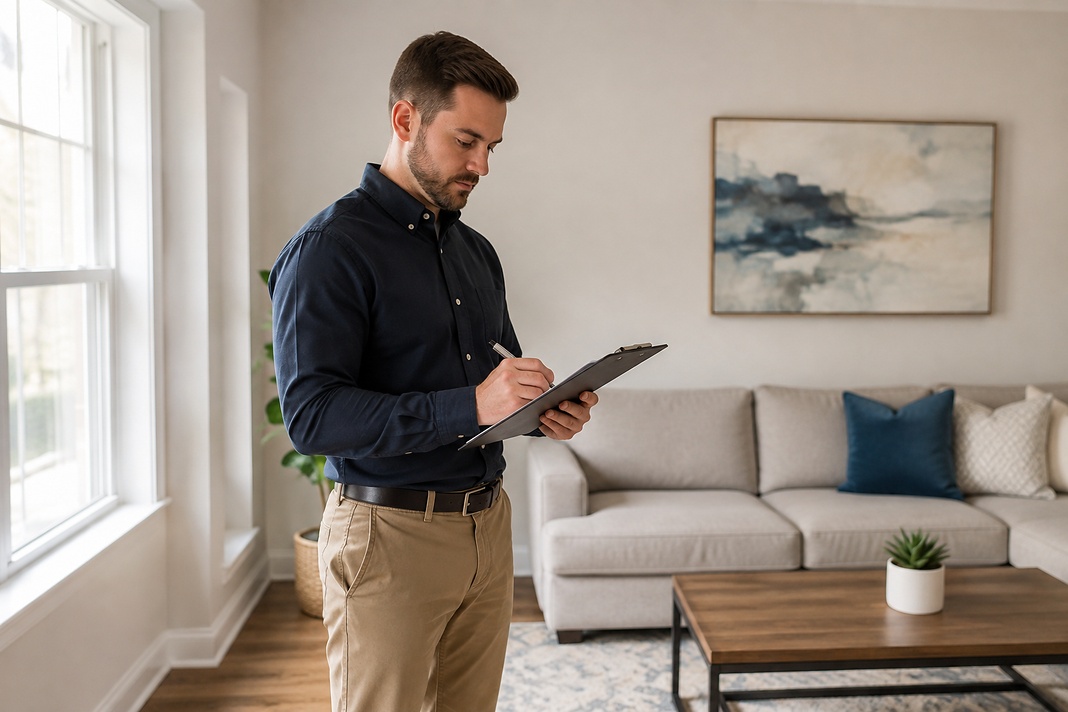 Rental property professional documenting inspection findings inside a maintained home