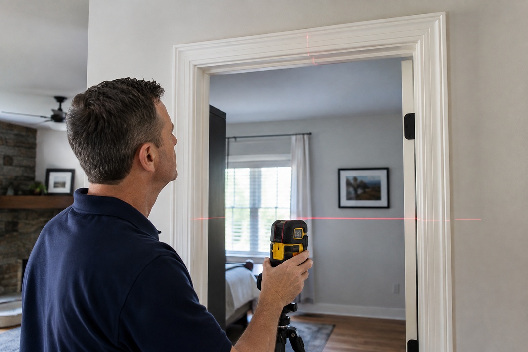 Building inspector checking a doorway with a laser level for alignment changes