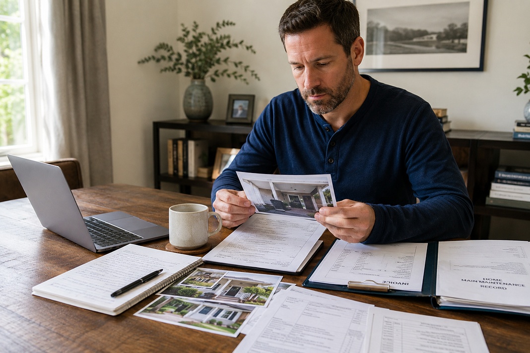 Homeowner reviewing dated property photos and maintenance records at a table