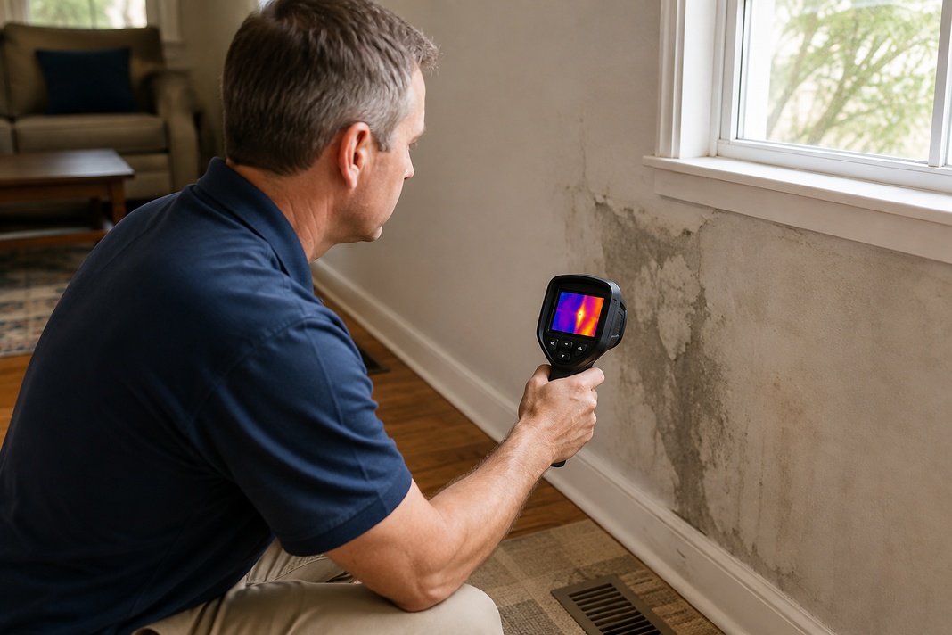 Thermal camera checking an interior wall near a window for hidden moisture