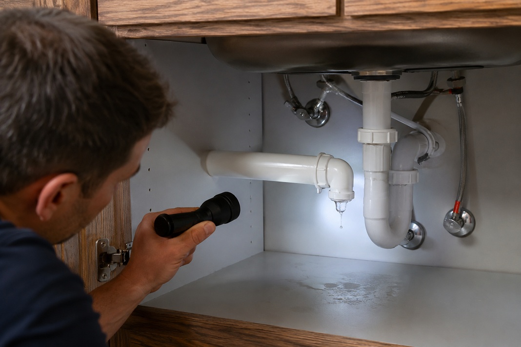 Small plumbing leak under a kitchen sink being checked with a flashlight